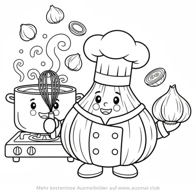 Knoblauch als Koch mit Topf und Schneebesen Ausmalbild