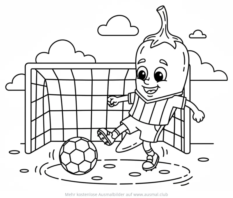 Chili als Fußballspieler vor Tor Ausmalbild