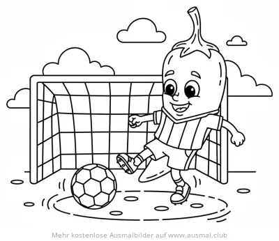 Chili als Fußballspieler vor Tor Ausmalbild