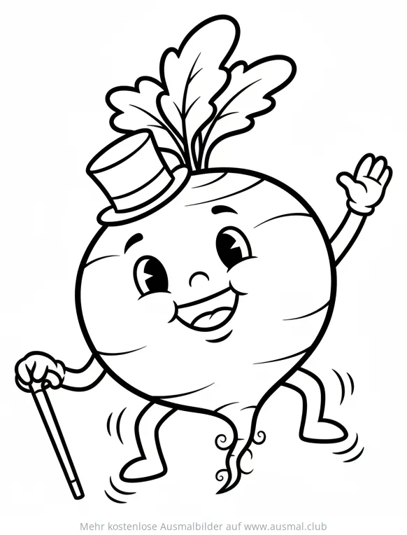 Tanzende Rote Bete mit Zylinder und Spazierstock Ausmalbild