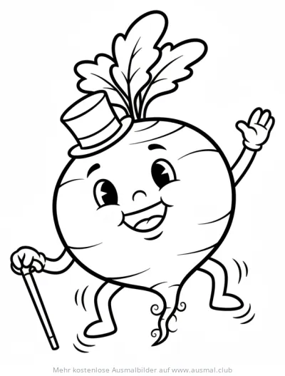 Tanzende Rote Bete mit Zylinder und Spazierstock Ausmalbild