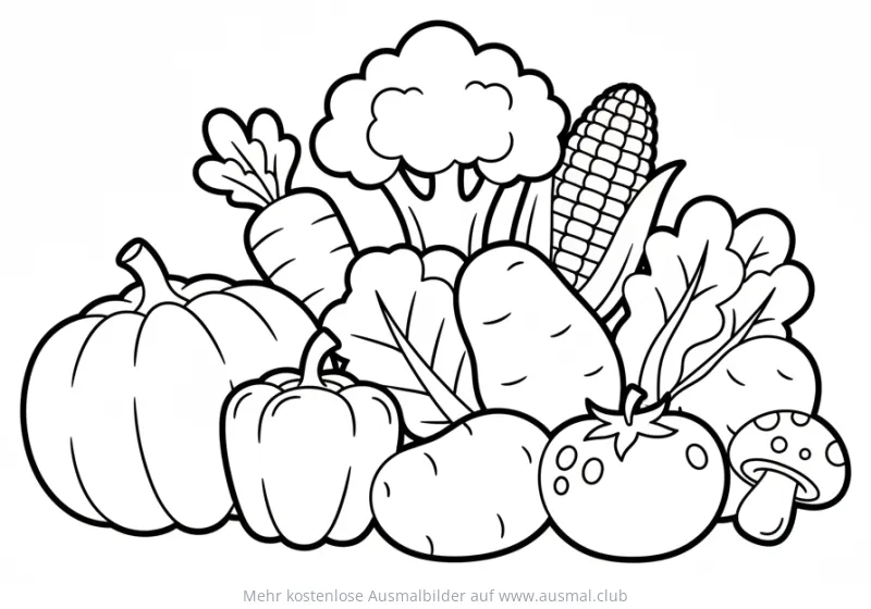Gemüse Haufen Ausmalbild mit Kürbis, Karotte, Brokkoli, Mais, Salat, Kartoffeln, Tomate und Pilz