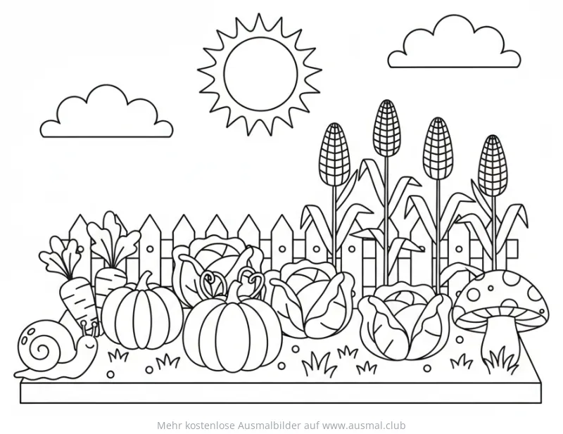 Gemüsegarten Ausmalbild mit Kürbissen, Kohl, Karotten, Mais und Schnecke