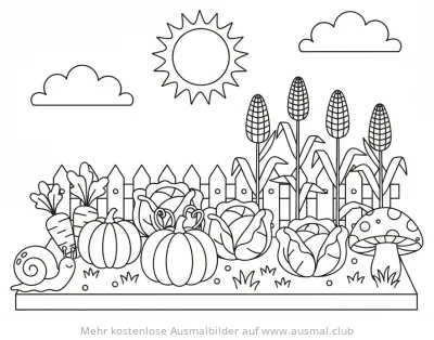 Gemüsegarten Ausmalbild mit Kürbissen, Kohl, Karotten, Mais und Schnecke