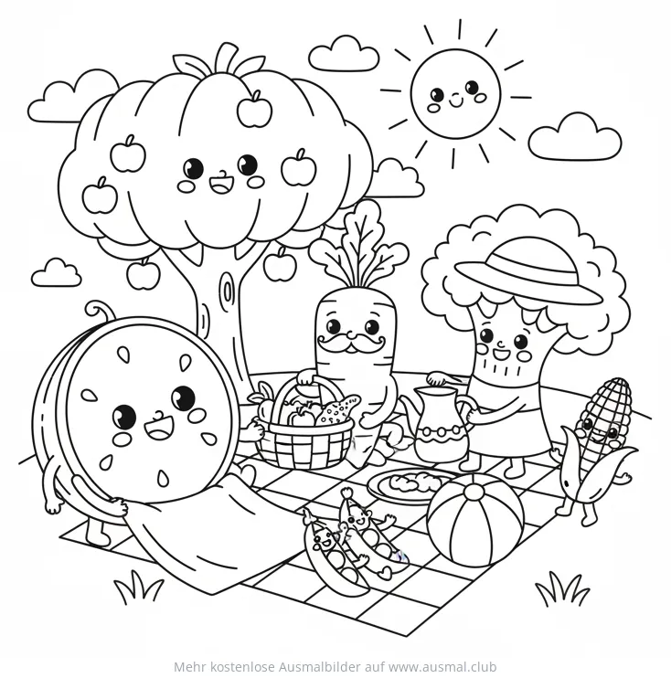 Fröhliches Gemüse Picknick Ausmalbild mit Melone, Karotte, Brokkoli und Mais