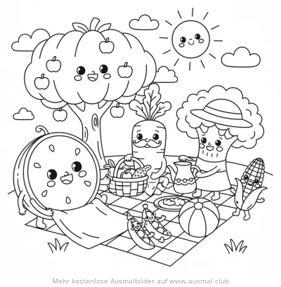 Fröhliches Gemüse Picknick Ausmalbild mit Melone, Karotte, Brokkoli und Mais