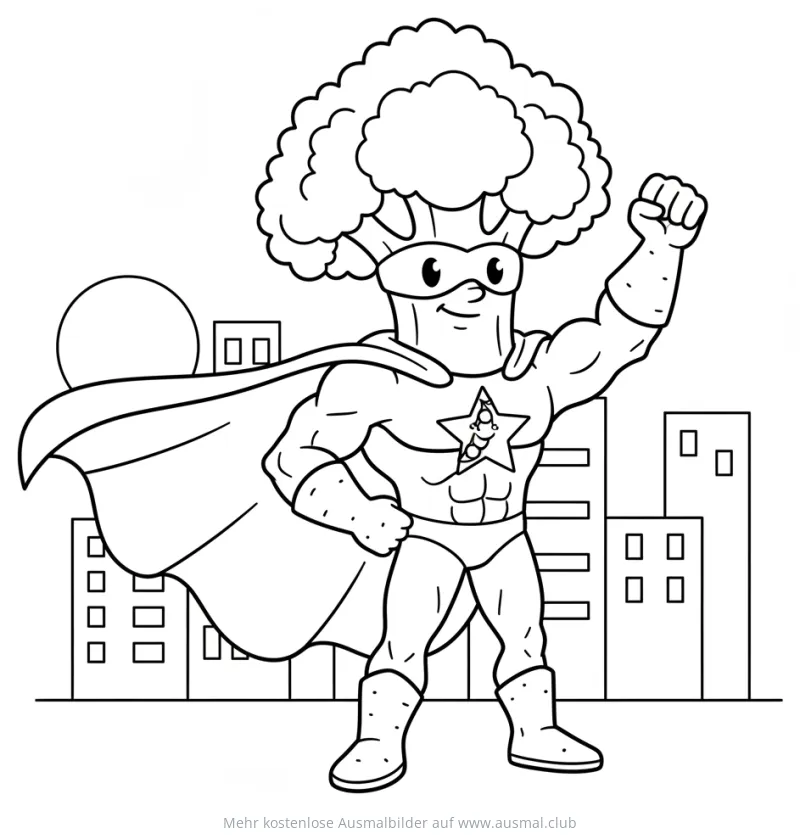 Brokkoli Superheld Ausmalbild vor Stadtkulisse