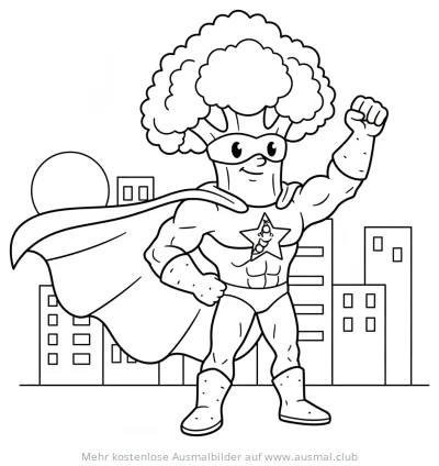Brokkoli Superheld Ausmalbild vor Stadtkulisse