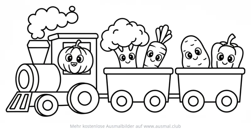 Gemüse Zug Ausmalbild mit Kürbis, Brokkoli, Karotte, Kartoffel und Paprika
