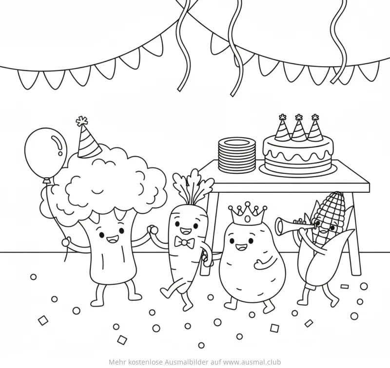 Fröhliche Gemüse feiern eine Party Ausmalbild