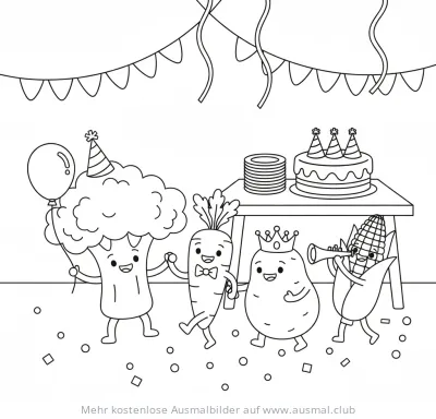 Fröhliche Gemüse feiern eine Party Ausmalbild