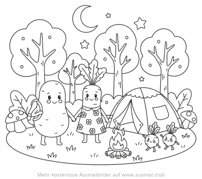 Gemüse Camping Ausmalbild: Kartoffel, Karotte, Rüben, Zelt, Lagerfeuer