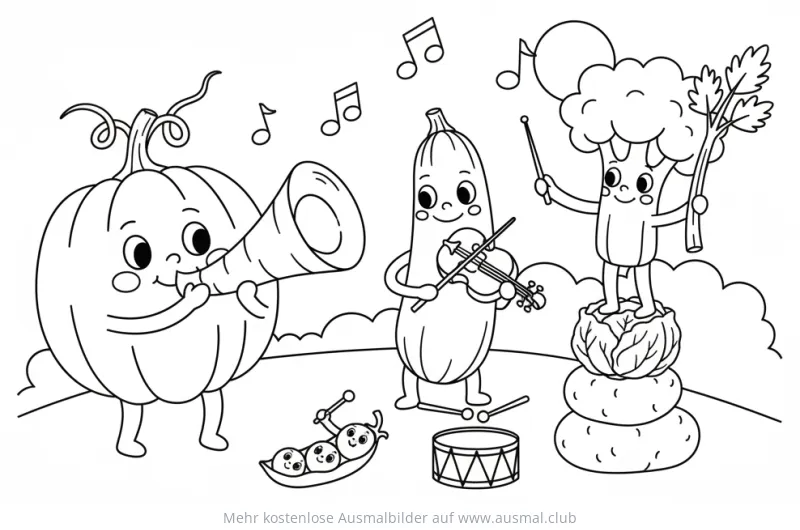 Gemüseorchester Ausmalbild mit Kürbis, Zucchini und Brokkoli