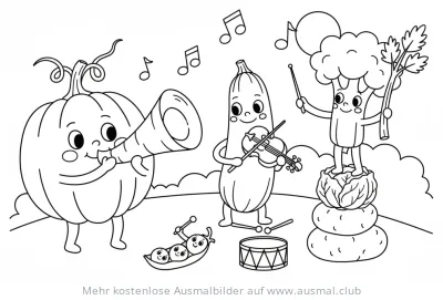Gemüseorchester Ausmalbild mit Kürbis, Zucchini und Brokkoli