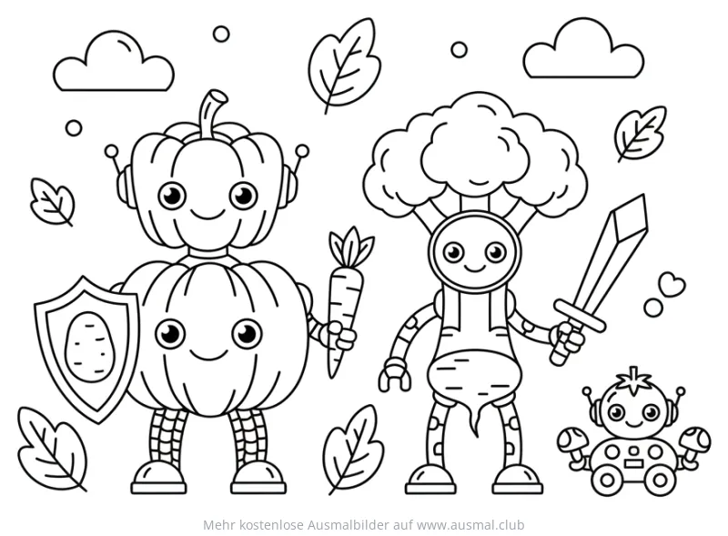 Gemüse Roboter Ausmalbild mit Kürbis, Brokkoli und Pilz