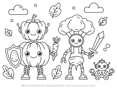 Gemüse Roboter Ausmalbild mit Kürbis, Brokkoli und Pilz