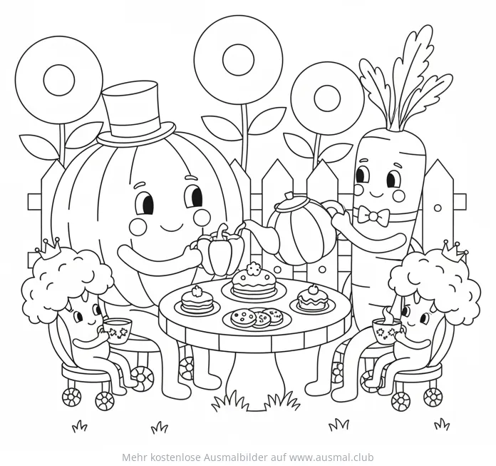 Gemüse Teeparty: Kürbis, Karotte und Brokkoli Ausmalbild