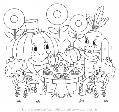 Gemüse Teeparty: Kürbis, Karotte und Brokkoli Ausmalbild