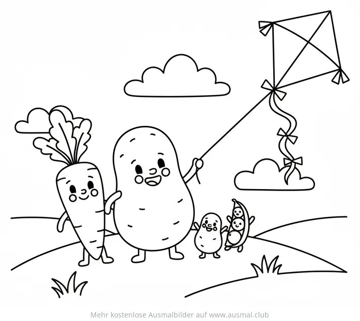 Fröhliches Gemüse (Karotte, Kartoffel, Erbse) mit Drachen Ausmalbild