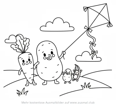 Fröhliches Gemüse (Karotte, Kartoffel, Erbse) mit Drachen Ausmalbild