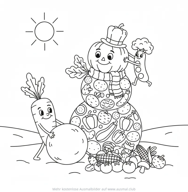 Gemüse Schneemann Ausmalbild mit Karotte und Erbse