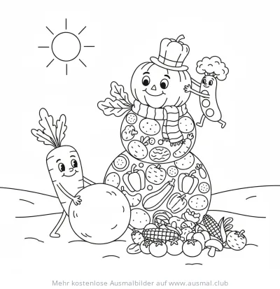 Gemüse Schneemann Ausmalbild mit Karotte und Erbse