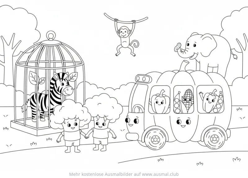 Gemüsezoo Ausmalbild mit Zebra, Affe, Elefant, Kürbisbus und Brokkoli