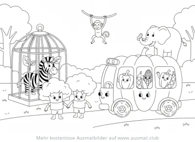 Gemüsezoo Ausmalbild mit Zebra, Affe, Elefant, Kürbisbus und Brokkoli