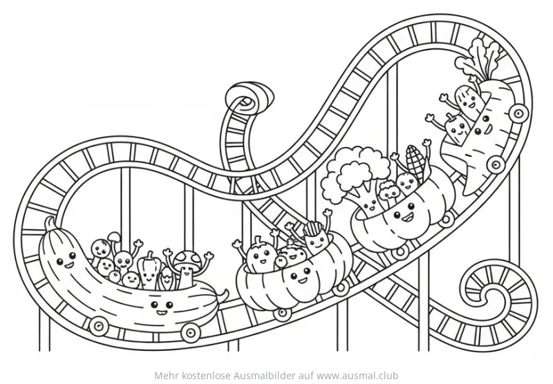 Gemüse Achterbahn Ausmalbild mit lachenden Karotten, Gurken und anderem Gemüse