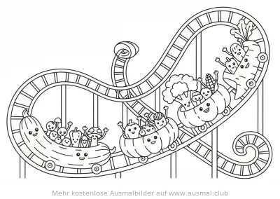 Gemüse Achterbahn Ausmalbild mit lachenden Karotten, Gurken und anderem Gemüse