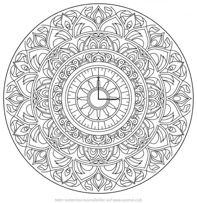 Uhr Mandala Ausmalbild mit geometrischen Mustern