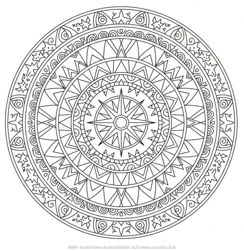 Kompass Mandala Ausmalbild mit geometrischen Mustern