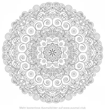 Detailliertes Mandala Ausmalbild mit floralen und spiralförmigen Elementen