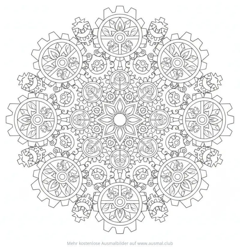 Zahnräder Steampunk Ausmalbild als Mandala