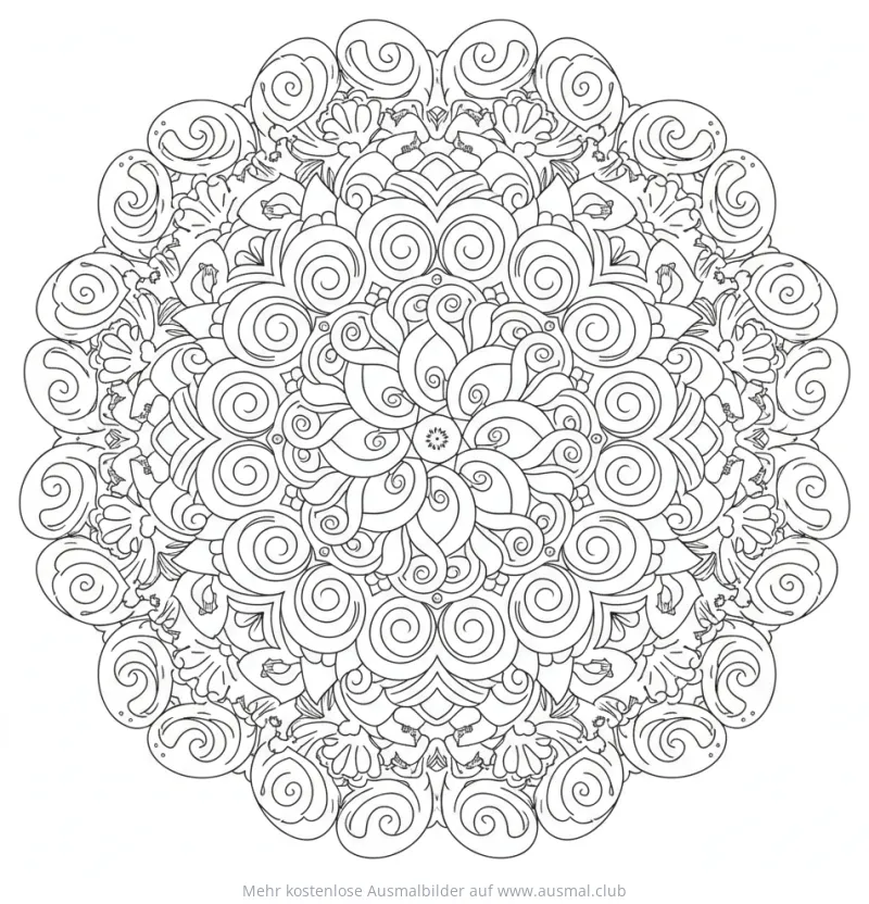 Wellenförmiges Mandala Ausmalbild mit filigranen Spiralen und geschwungenen Linien