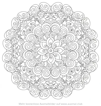 Wellenförmiges Mandala Ausmalbild mit filigranen Spiralen und geschwungenen Linien