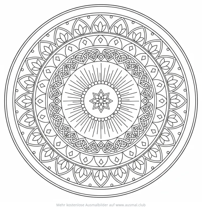 Konzentrische Kreise Ausmalbild mit floralen Mustern und Stern