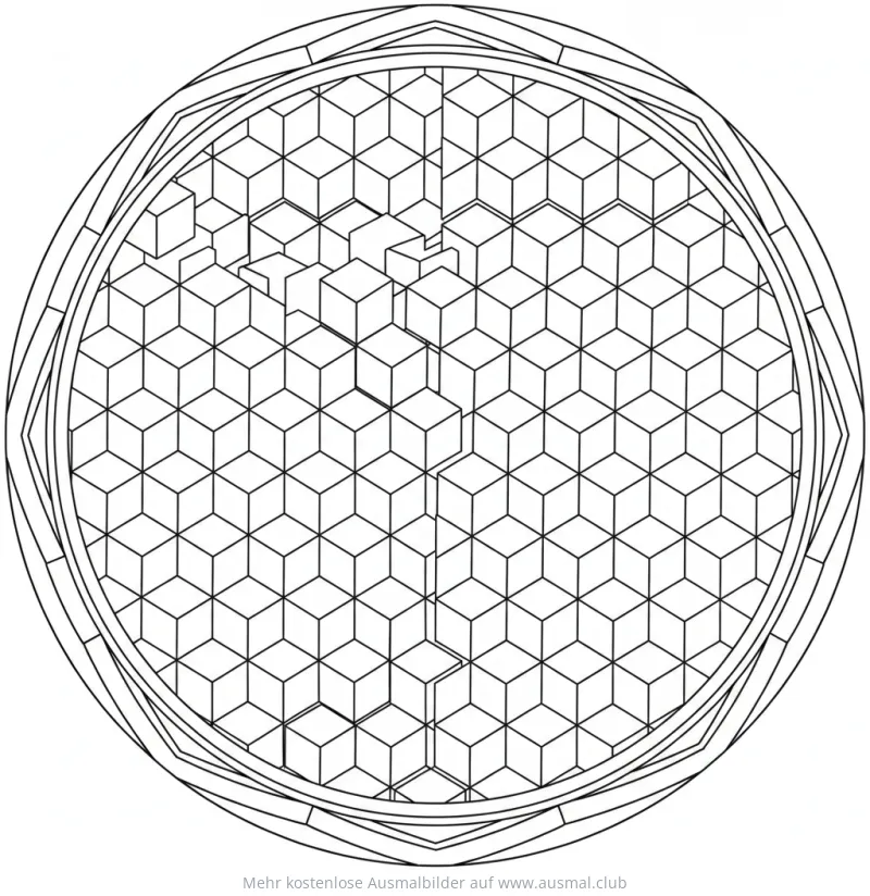 3D Hexagon Muster Ausmalbild in kreisförmigem Rahmen