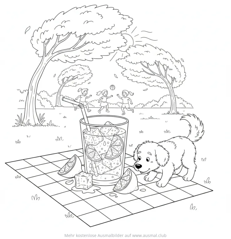 Limonade mit Eis, Kinder und Hund auf Picknickdecke Ausmalbild
