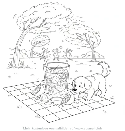 Limonade mit Eis, Kinder und Hund auf Picknickdecke Ausmalbild