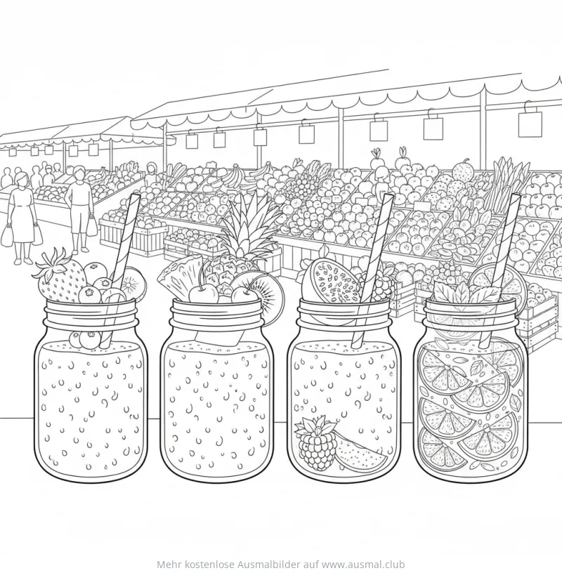 Smoothie Ausmalbild vor Marktstand mit Früchten