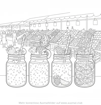 Smoothie Ausmalbild vor Marktstand mit Früchten