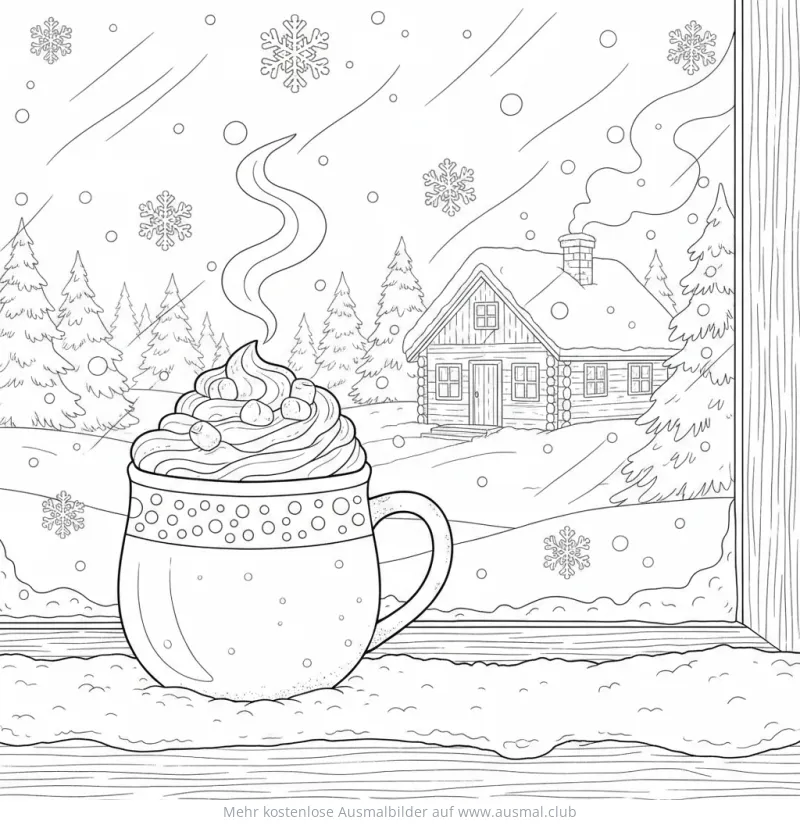 Tasse Kakao mit Marshmallows vor Winterlandschaft Ausmalbild