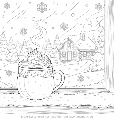 Tasse Kakao mit Marshmallows vor Winterlandschaft Ausmalbild