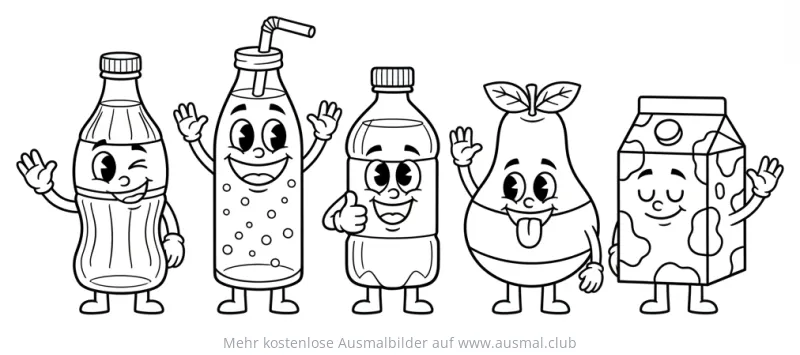 Flaschen, Birne und Milchpackung als freundliche Getränke Ausmalbild