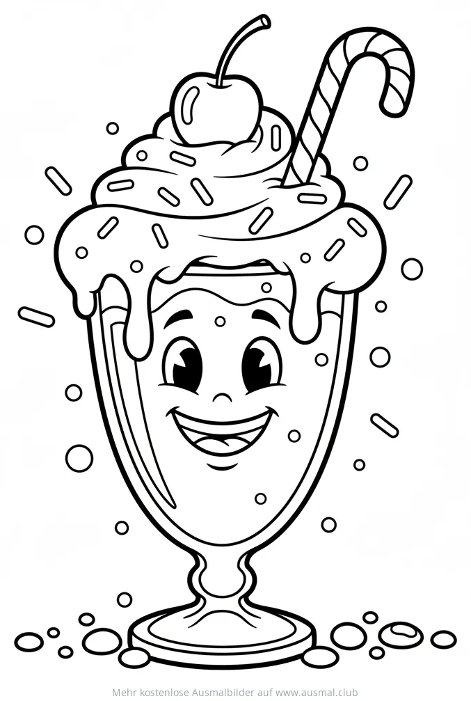 Freundlicher Milchshake mit Gesicht, Kirsche und Zuckerstange Ausmalbild