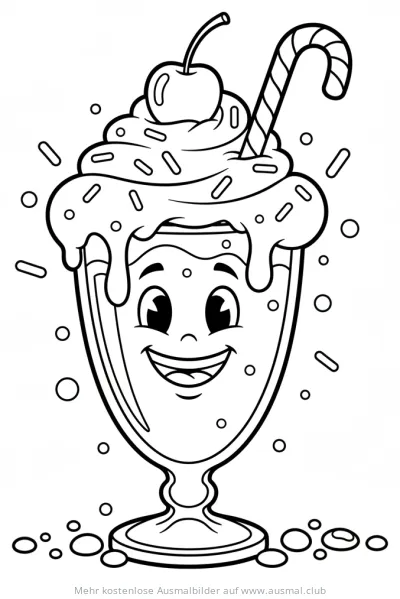 Freundlicher Milchshake mit Gesicht, Kirsche und Zuckerstange Ausmalbild