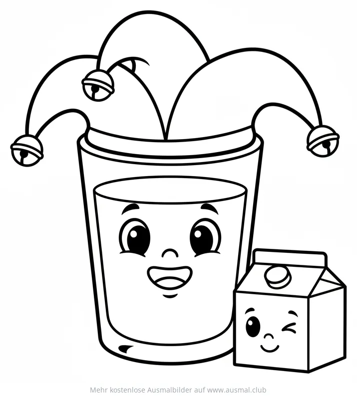 Fröhliches Milchglas mit Narrenhut und Milchpackung Ausmalbild