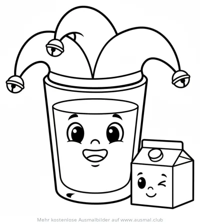 Fröhliches Milchglas mit Narrenhut und Milchpackung Ausmalbild