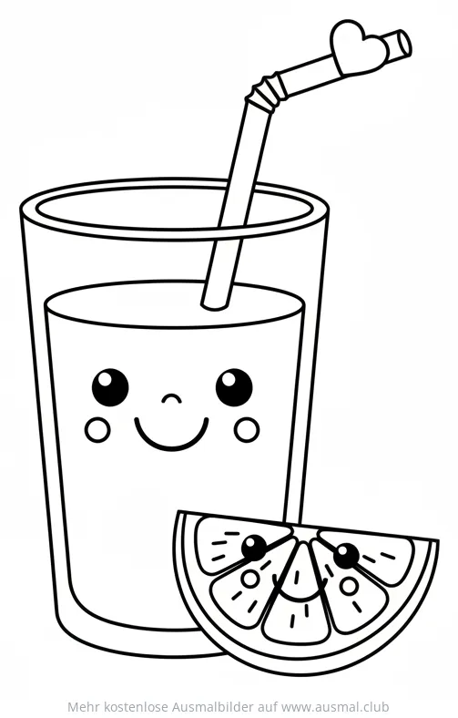 Freundliches Orangensaftglas mit Strohhalm und Orangenscheibe Ausmalbild